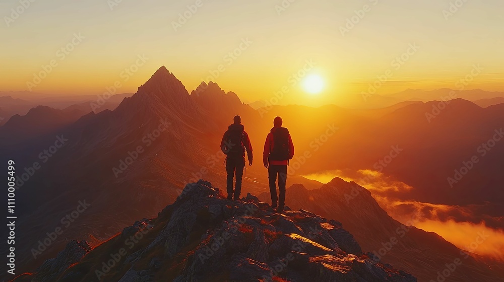 Hikers Witnessing Majestic Sunset Over Mountain Peaks Hikers Witnessing Majestic Sunset Over Mountain Peaks