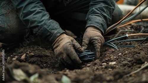 Worker's hands bury cables in soil. Illustrates underground cable installation, showcasing meticulous work. photo