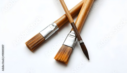 A set of three wooden brown paint brushes, neatly arranged and isolated on a white background, representing essential tools for artists and painters, ideal for canvas work photo