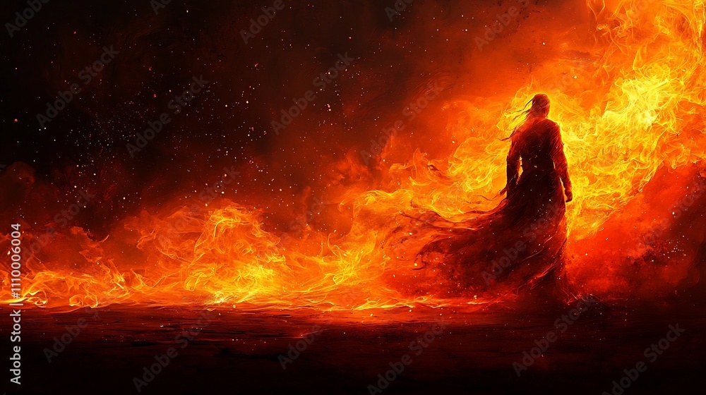 Silhouetted Warrior Faces Raging Wall of Flames Symbolizing Strength and Resilience Silhouetted Warrior Faces Raging Wall of Flames Symbolizing Strength and Resilience