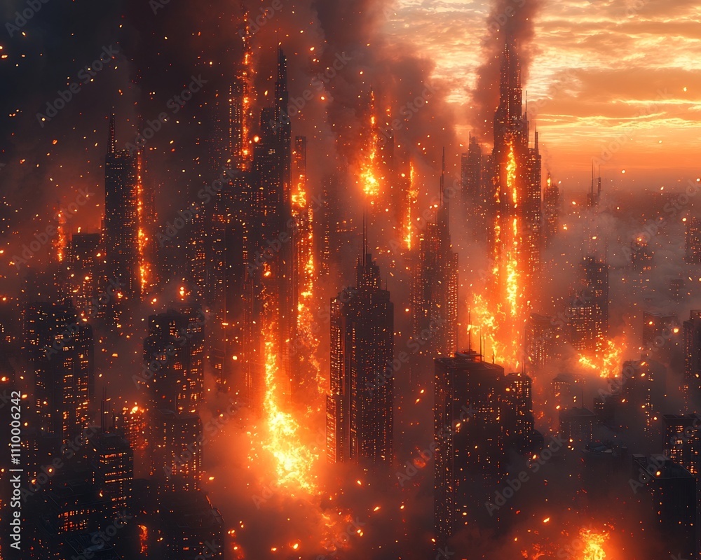 Futuristic Robot City Engulfed in Firestorm Symbolizing Clash of Technology and Nature s Destructive Power Futuristic Robot City Engulfed in Firestorm Symbolizing Clash of Technology and Nature s Destructive Power