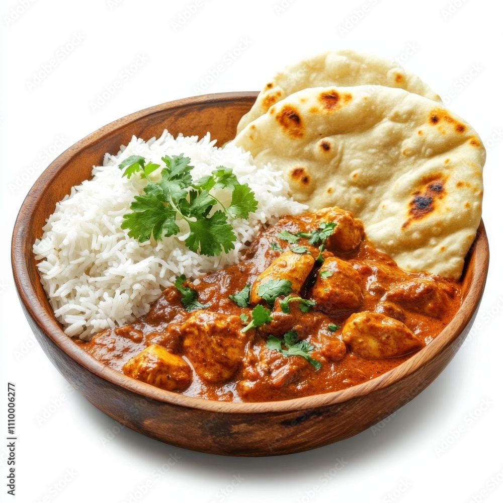 A spicy Indian chicken curry with basmati rice and naan bread, isolated white background, impressionism art style A spicy Indian chicken curry with basmati rice and naan bread, isolated white background, impressionism art style
