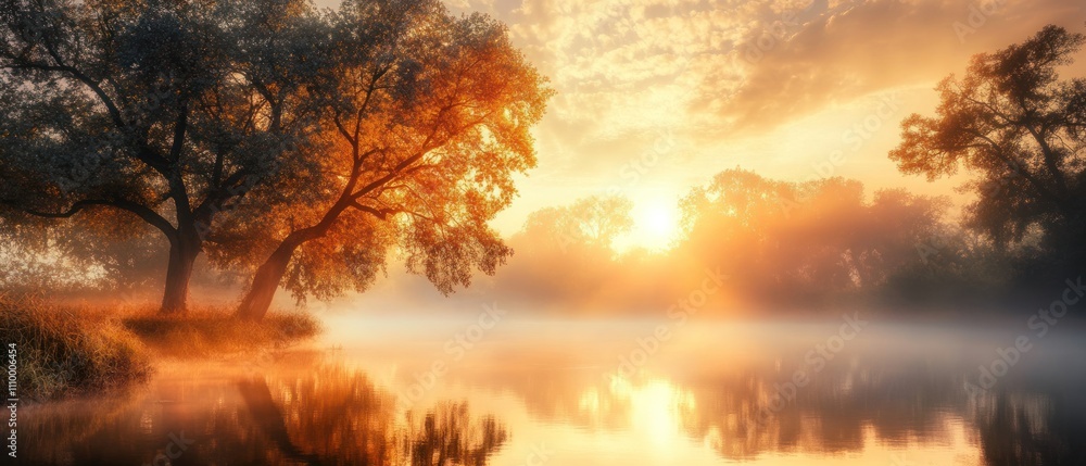 Obraz premium Serene sunrise over a misty lake with vibrant autumn trees.