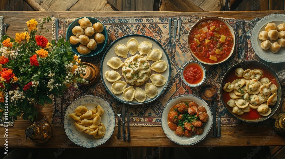 Savoring Traditional Polish Cuisine A Top View of Pierogi Kielbasa and Borsch on a Rustic Table Setting Savoring Traditional Polish Cuisine A Top View of Pierogi Kielbasa and Borsch on a Rustic Table Setting
