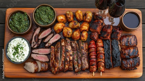 Savoring Argentine Asado Grilled Meats and Chimi Outdoor Feast Culinary Delight Top View Flavorful Experience photo