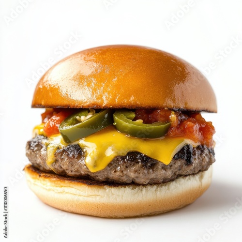 A spicy jalape帽o cheeseburger with pepper jack cheese and salsa, isolated white background, modern art style photo