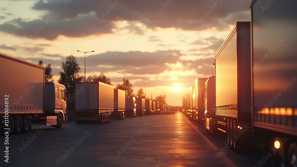 Trucks parked in neat rows at sunset Trucks parked in neat rows at sunset