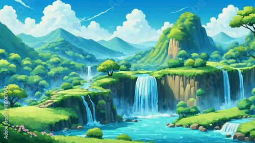 a vibrant landscape with multiple waterfalls cascading into a turquoise pool. Lush green trees surround the waterfalls, creating a tropical atmosphere