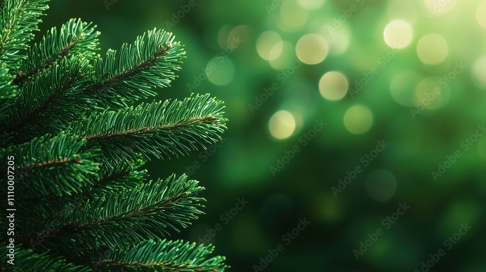 Pine branch against green bokeh lights with copy space. Christmas celebration backdrop Pine branch against green bokeh lights with copy space. Christmas celebration backdrop