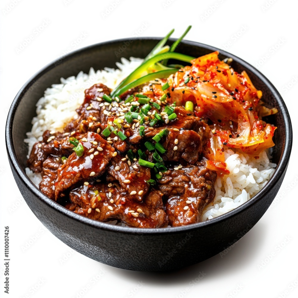 A spicy Korean bulgogi beef stir-fry with rice and kimchi, isolated white background, impressionism art style A spicy Korean bulgogi beef stir-fry with rice and kimchi, isolated white background, impressionism art style