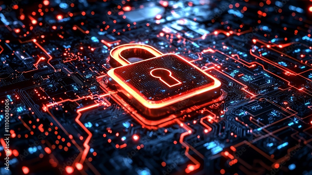 Secure Cybersecurity Padlock Icon Surrounded by Digital Firewall and Shield