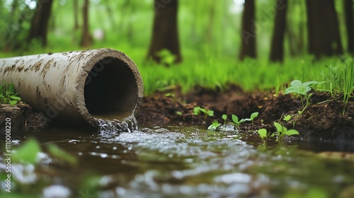 Water flowing from concrete pipe in forest. Environmental protection