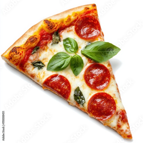 A spicy pepperoni pizza slice with gooey cheese and fresh basil, isolated white background, realism art style photo