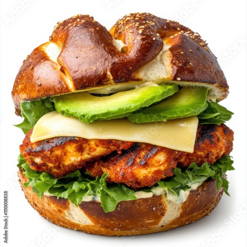 A spicy Sriracha chicken sandwich with pepper jack cheese, avocado slices, and lettuce on a toasted pretzel bun photo