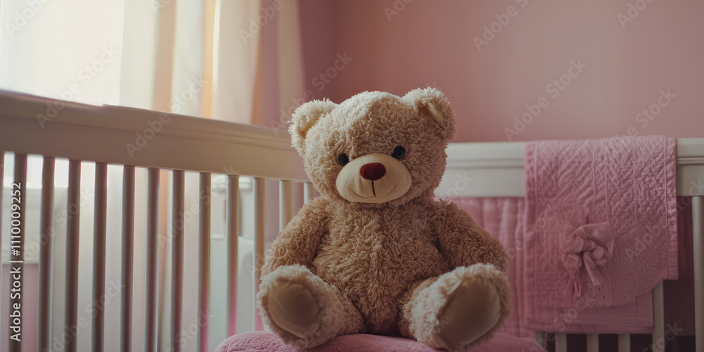 A fluffy teddy bear sitting on the edge of an empty crib, generative AI A fluffy teddy bear sitting on the edge of an empty crib, generative AI
