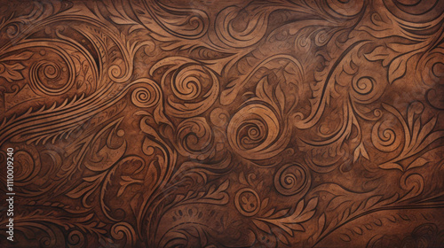 Intricate brown leather texture with swirling floral patterns and designs