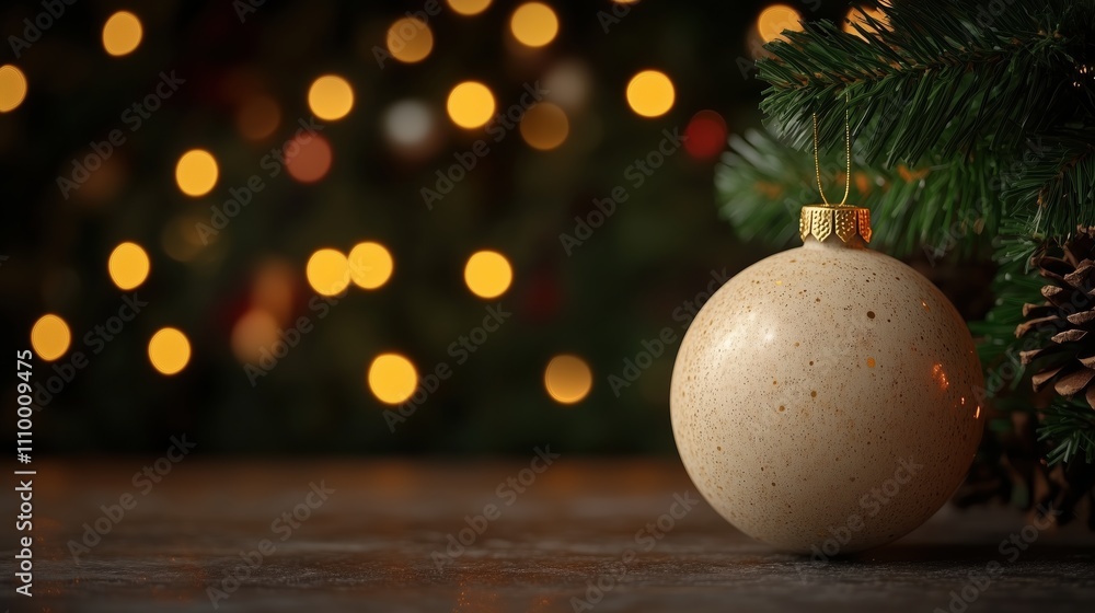White speckled bauble on wooden surface against bokeh lights. Christmas evening mood White speckled bauble on wooden surface against bokeh lights. Christmas evening mood