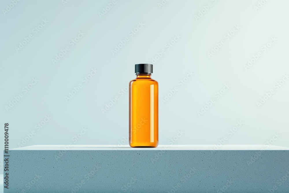 Amber glass bottle with black cap on a light grey surface against a light blue background. Amber glass bottle with black cap on a light grey surface against a light blue background.