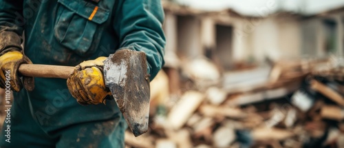 A close-up of a demolition crew member wearing protective gear and holding a sledgehammer, with rubble and debris in the background, Demolition site scene photo