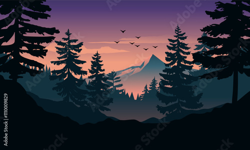 Nature art. Mountain sunrise scenery. Pine forest