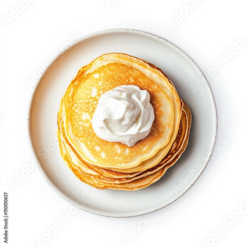 A stack of fluffy buttermilk pancakes with a dollop of whipped cream, isolated white background, retro art style