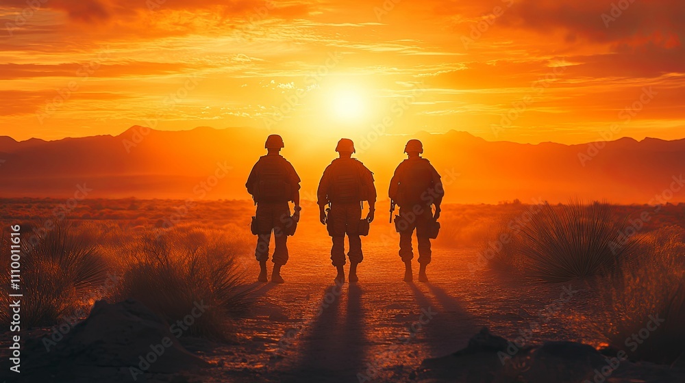 Three Soldiers Walking Towards Sunset In Desert Three Soldiers Walking Towards Sunset In Desert