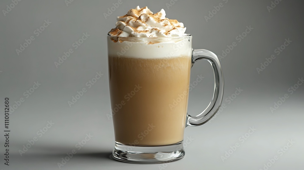 Iced latte with whipped cream and cinnamon topping in a clear glass mug against a gray background. Iced latte with whipped cream and cinnamon topping in a clear glass mug against a gray background.