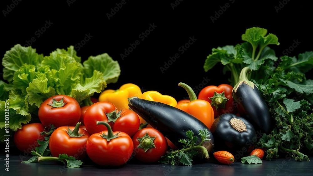 Vibrant Fresh Produce Arranged on a Dark Surface, Featuring Tomatoes, Peppers, Eggplant, and Green Leafy Vegetables Vibrant Fresh Produce Arranged on a Dark Surface, Featuring Tomatoes, Peppers, Eggplant, and Green Leafy Vegetables