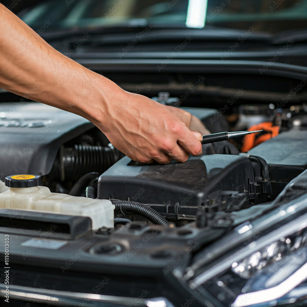 Obraz premium A mechanic inspects the battery of a car with the hood open
