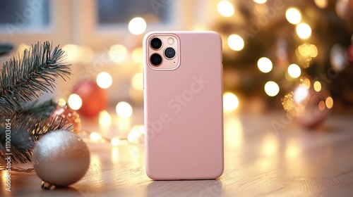 Stylish phone against festive backdrop. Phone case Mugs T-shirts ,Pink iPhone case winter holiday theme, stylish pink iPhone case, festive pink iPhone case with Christmas decor