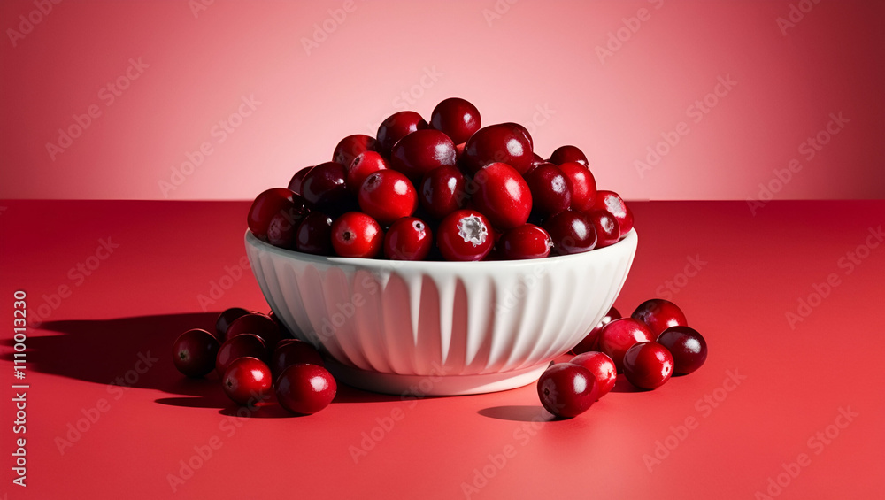 A collection of ripe cranberries overflowing from a white bowl against a vibrant red background, highlighting their freshness and vibrant color, perfect for seasonal food imagery and culinary concepts A collection of ripe cranberries overflowing from a white bowl against a vibrant red background, highlighting their freshness and vibrant color, perfect for seasonal food imagery and culinary concepts