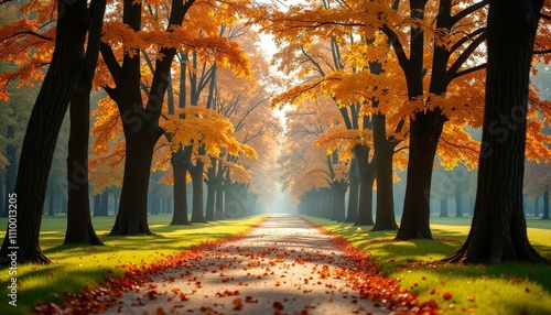 Autumn walkway flanked by orange trees photo