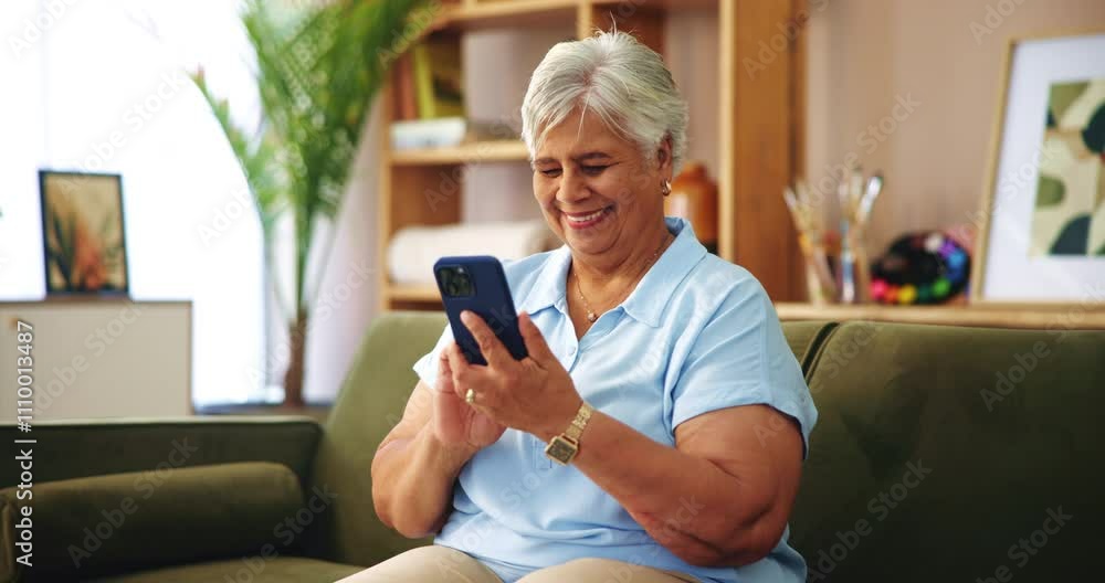 Senior, woman and laughing with phone in home for funny text message, social media meme or streaming service. Retirement, person or happy with smartphone on sofa for comedy videos or internet surfing