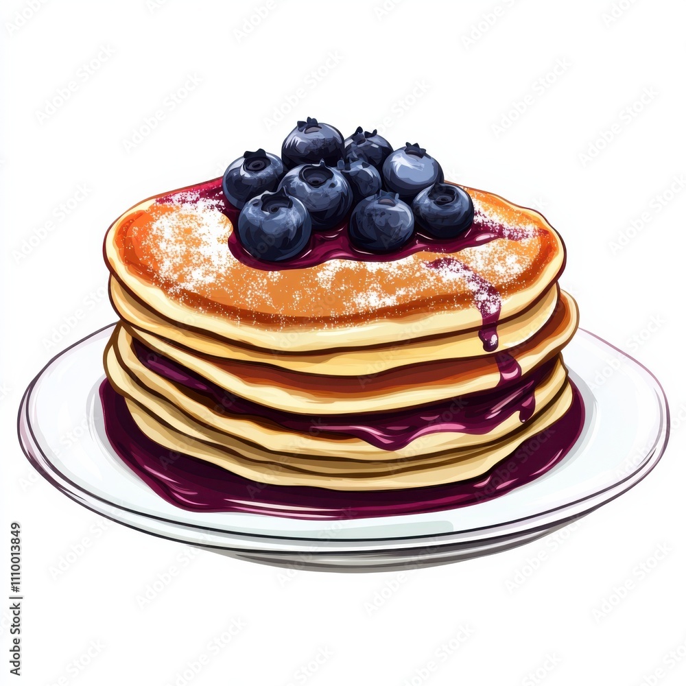 A stack of fluffy pancakes with blueberry compote and powdered sugar, isolated white background, pop art style A stack of fluffy pancakes with blueberry compote and powdered sugar, isolated white background, pop art style