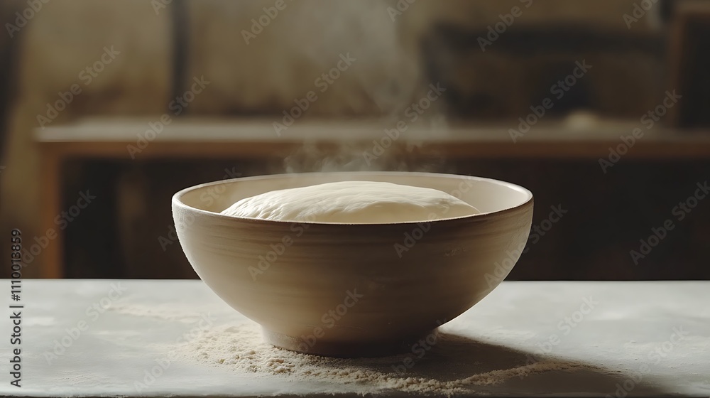 Steaming bread dough rising in a rustic bowl on a countertop. Steaming bread dough rising in a rustic bowl on a countertop.