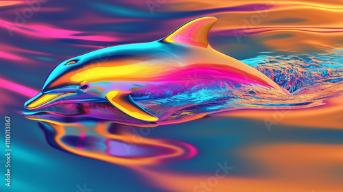 A sleek 3D dolphin, rendered in bright, pop colors like neon yellow, pink, and blue, gracefully swimming across the surface of abstract water.