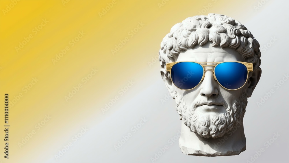 yellow to white gradient background with a close-up Greek marble head bust on party sunglasses yellow to white gradient background with a close-up Greek marble head bust on party sunglasses