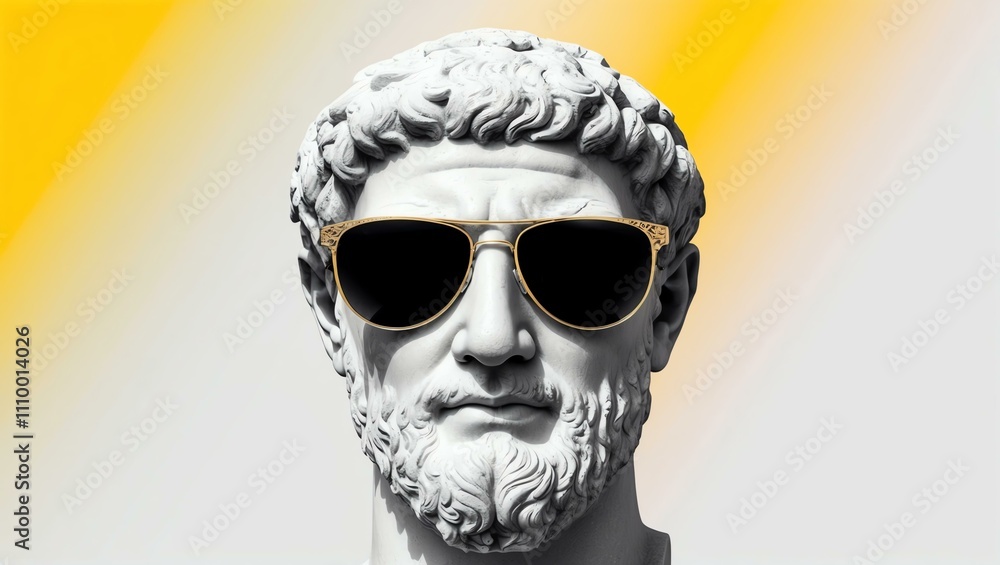 yellow to white gradient background with a close-up Greek marble head bust on party sunglasses yellow to white gradient background with a close-up Greek marble head bust on party sunglasses