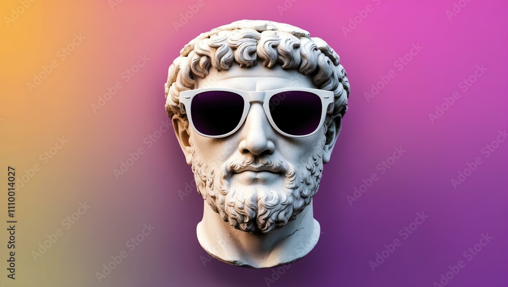 yellow to purple gradient background with a close-up Greek marble head bust on party sunglasses yellow to purple gradient background with a close-up Greek marble head bust on party sunglasses