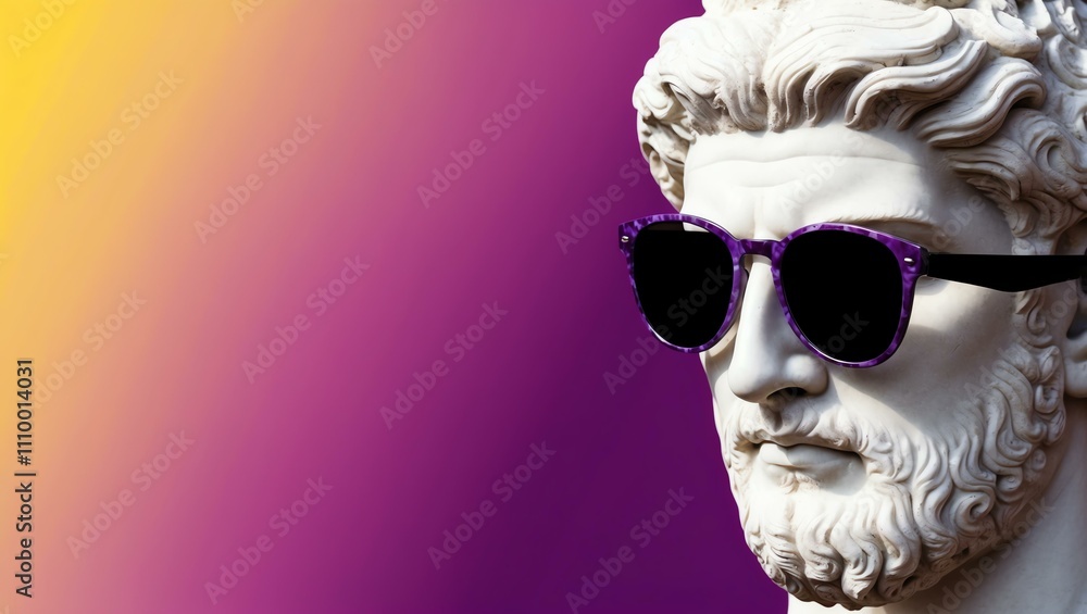 yellow to purple gradient background with a close-up Greek marble head bust on party sunglasses yellow to purple gradient background with a close-up Greek marble head bust on party sunglasses