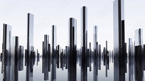 48.A field of nano-monoliths standing tall on a smooth, reflective surface. The monoliths are sharp-edged and metallic, creating an otherworldly, futuristic atmosphere with clean lines and sleek,