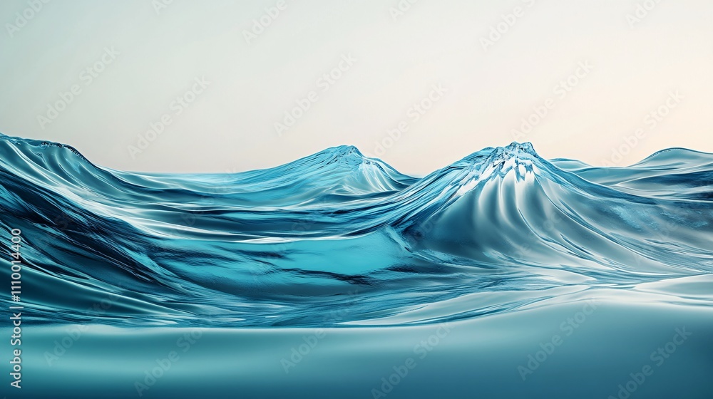 88.A 3D illustration showcasing an abstract combination of smooth water waves and geometric structures. The water's surface glistens under subtle lighting, while sleek, angular forms rise from the 88.A 3D illustration showcasing an abstract combination of smooth water waves and geometric structures. The water's surface glistens under subtle lighting, while sleek, angular forms rise from the