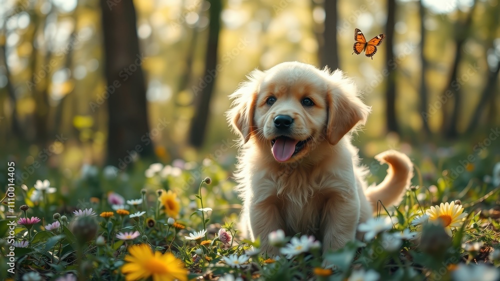 A Golden Retriever puppy sits in a field of wildflowers with a butterfly flying overhead, enjoying the beauty of nature. A Golden Retriever puppy sits in a field of wildflowers with a butterfly flying overhead, enjoying the beauty of nature.