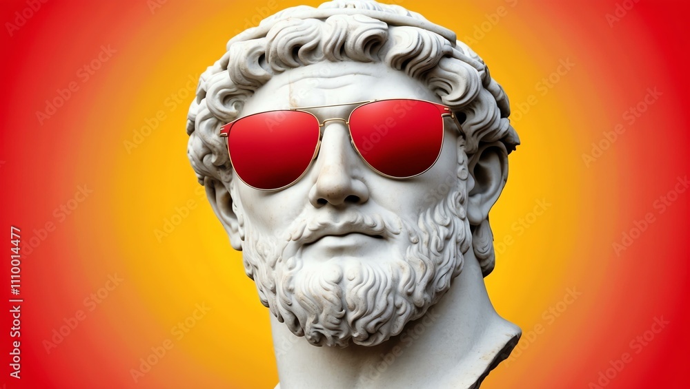 red to yellow gradient background with a close-up Greek marble head bust on party sunglasses red to yellow gradient background with a close-up Greek marble head bust on party sunglasses