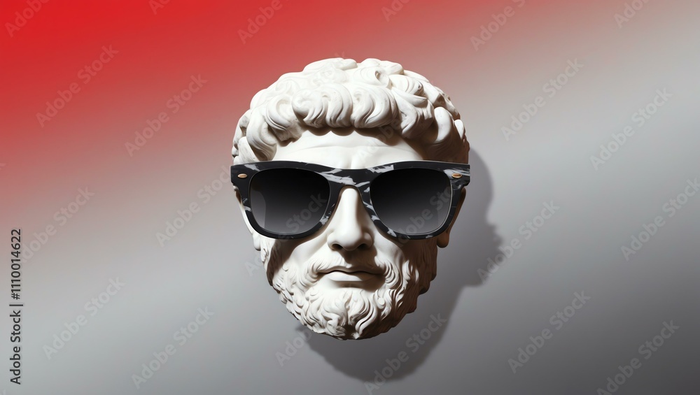 red to gray gradient background with a close-up Greek marble head bust on party sunglasses red to gray gradient background with a close-up Greek marble head bust on party sunglasses