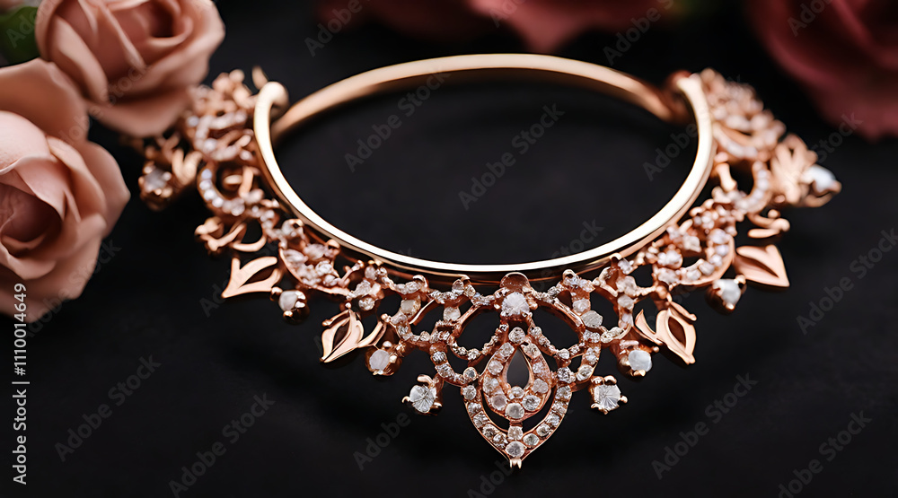 Obraz premium A bold representation of a septum nose ring with glowing rose gold hues, detailed with small crystal embellishments, arranged against a dark velvet background.