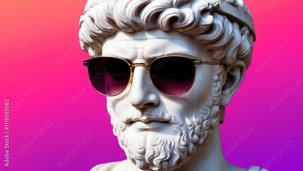 pink to purple gradient background with a close-up Greek marble head bust on party sunglasses pink to purple gradient background with a close-up Greek marble head bust on party sunglasses