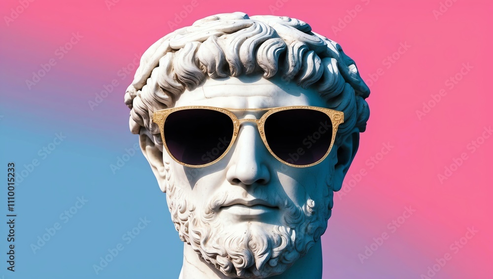 pink to blue gradient background with a close-up Greek marble head bust on party sunglasses pink to blue gradient background with a close-up Greek marble head bust on party sunglasses