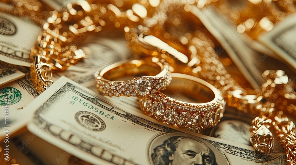 Gold Jewelry and American Currency Resting Together Gold Jewelry and American Currency Resting Together