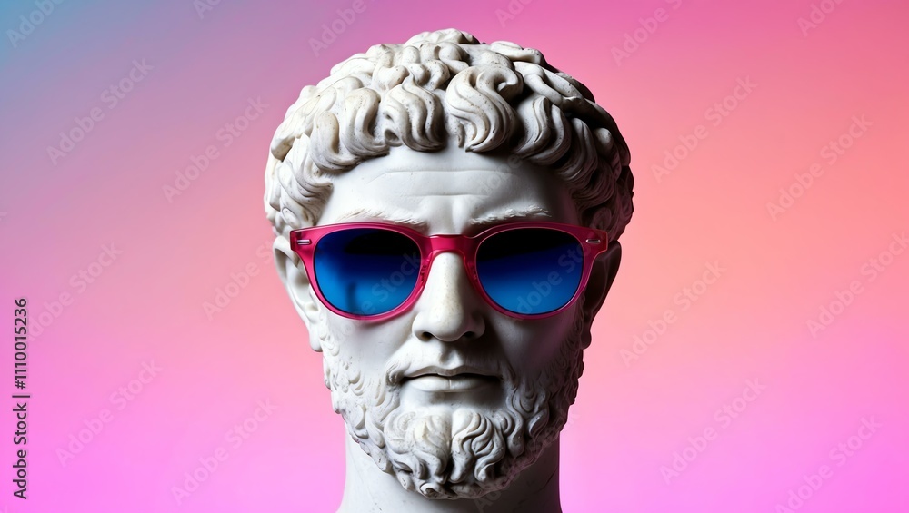 pink to blue gradient background with a close-up Greek marble head bust on party sunglasses pink to blue gradient background with a close-up Greek marble head bust on party sunglasses